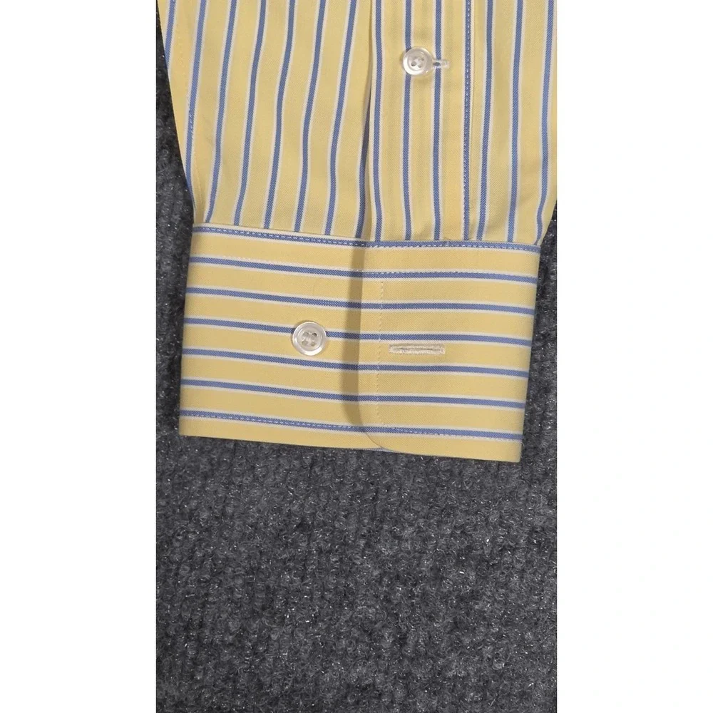 Paul Fredrick men's dress shirt‎ in a yellow base with blue stripe pattern, size